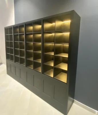 customised bookcase with bright lighting